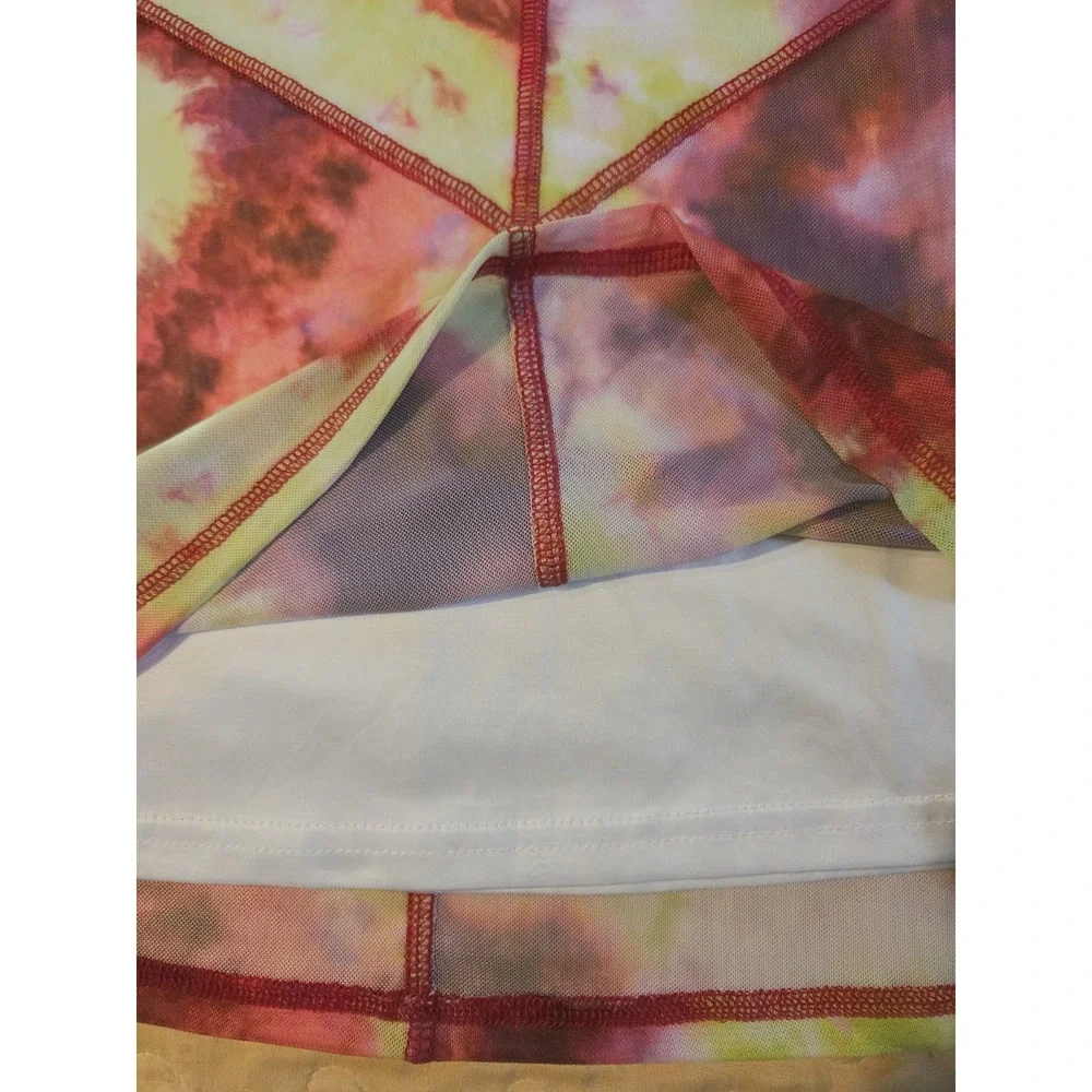 Club Exx Red Stiched Tie dye Pink Yellow Bodycon Mini Skirt Stretch S NWOT
